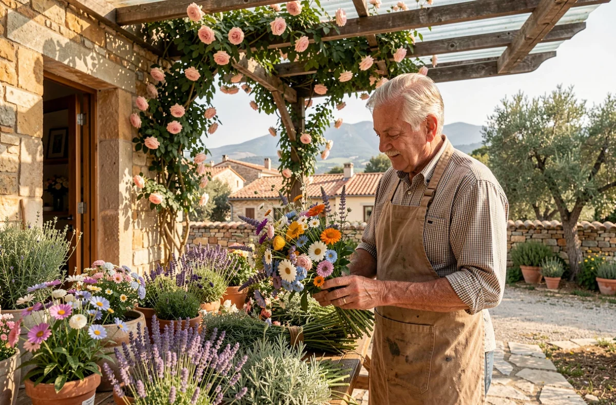 Fleuriste de Trastour Fleurs dans les Alpes-Maritimes arrangeant des fleurs sauvages et de la lavande devant une boutique en pierres sous une pergola provençale