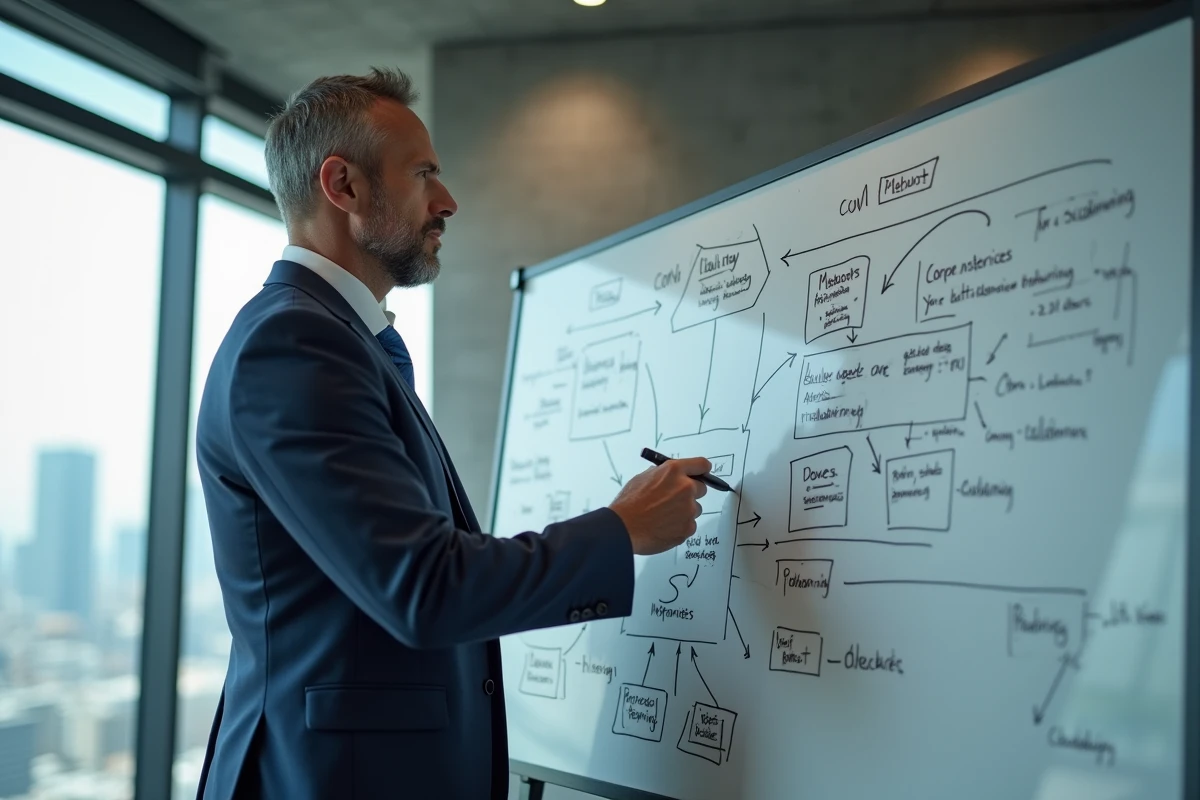 Homme en costume dans un bureau moderne face à un tableau blanc couvert de stratégies complexes, métaphore des défis herculéens appliqués au monde professionnel contemporain