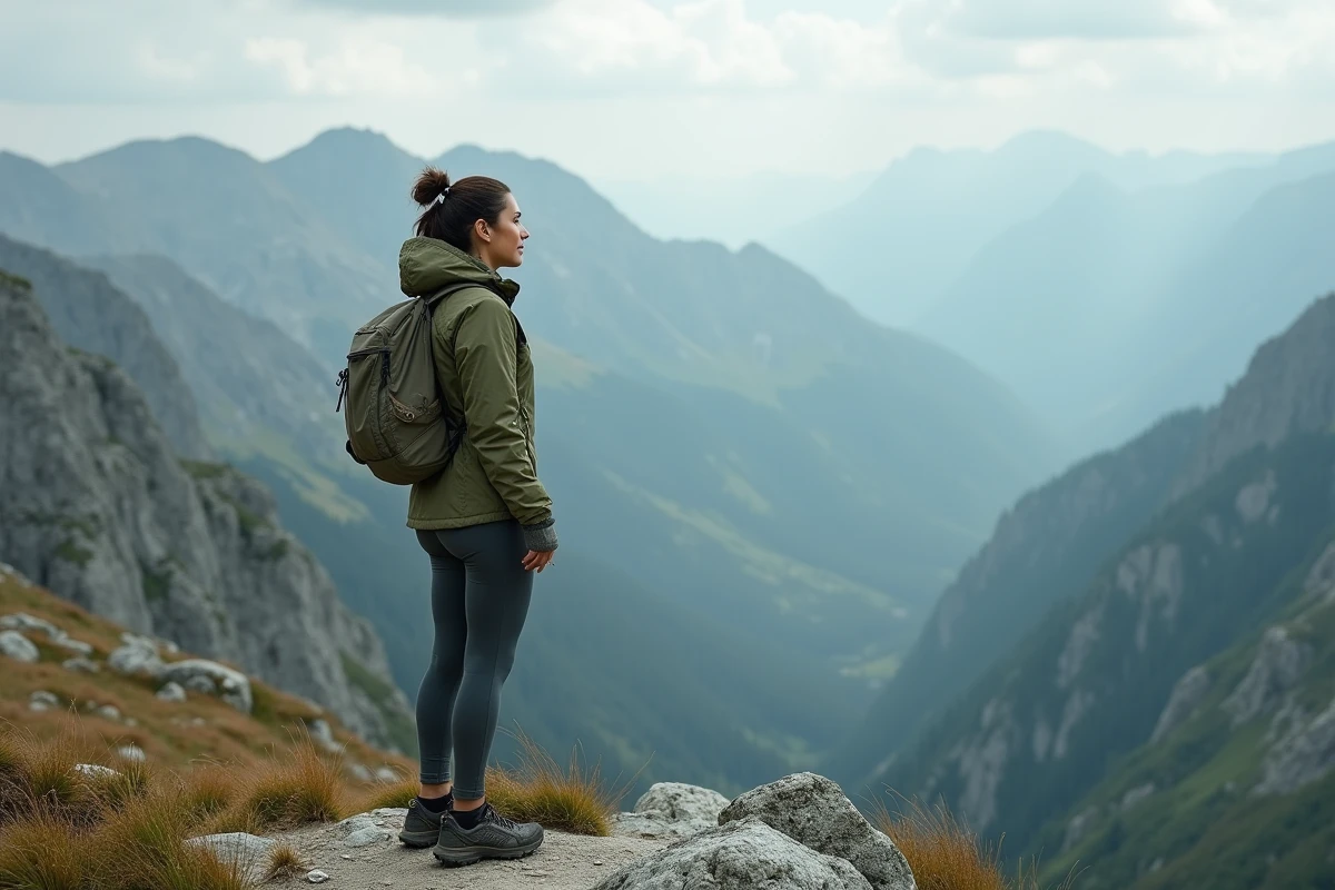 Femme randonneuse au sommet d'une crête montagneuse escarpée dans un paysage brumeux, symbolisant le dépassement de soi inspiré des mythiques travaux d'Hercule