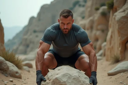 Homme athlétique en tenue de sport moderne soulevant un rocher massif dans une carrière rocheuse, évoquant les travaux d'Hercule en version contemporaine