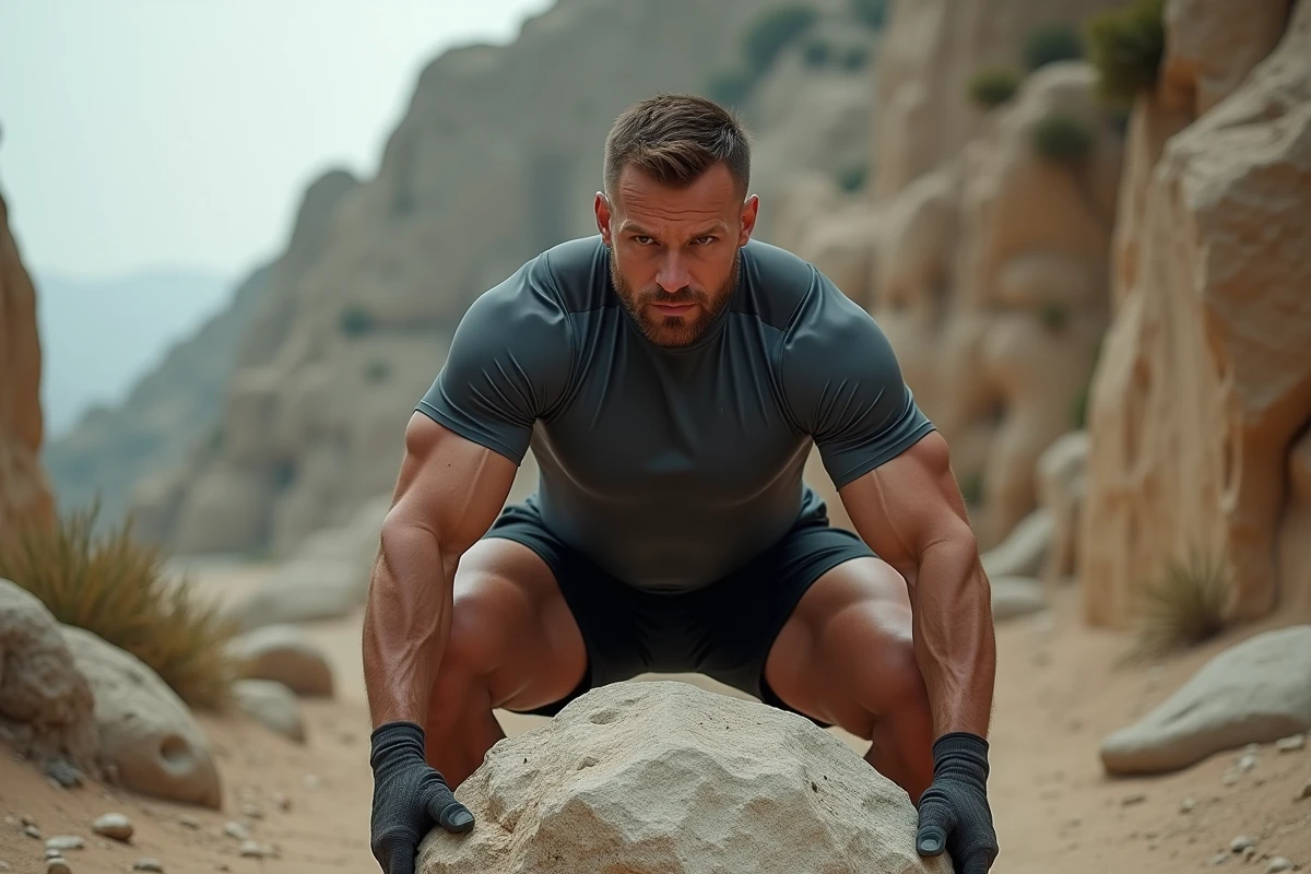 Homme athlétique en tenue de sport moderne soulevant un rocher massif dans une carrière rocheuse, évoquant les travaux d'Hercule en version contemporaine