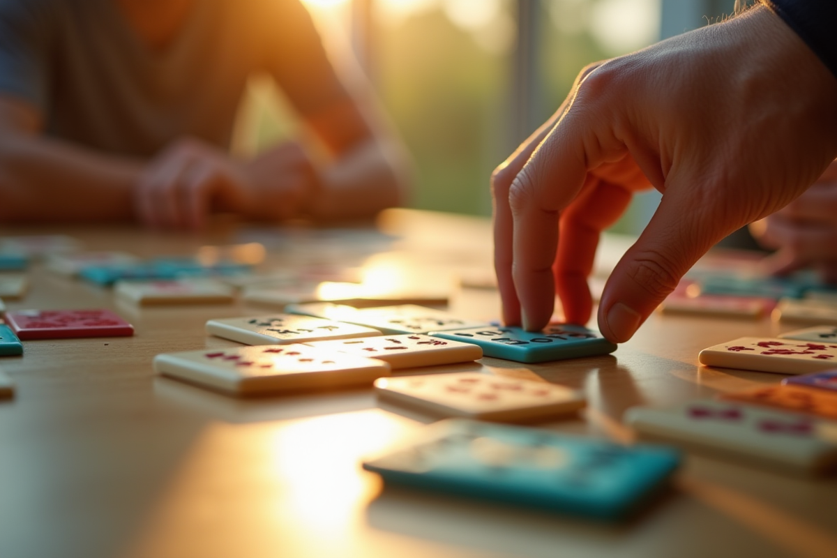 Gros plan sur des tuiles Rummikub posées sur la table par une main adulte