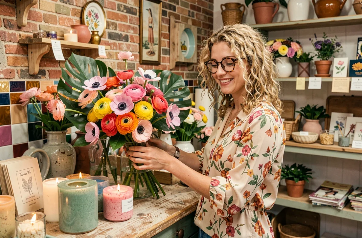Fleuriste de Un Peu Beaucoup dans les Alpes-Maritimes arrangeant un bouquet coloré d'anémones dans une boutique éclectique au décor vintage et joyeux