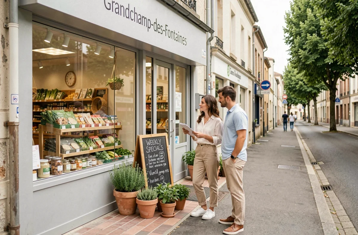 Façade de la nouvelle enseigne bio Un Point C'est Bio à Grandchamp-des-Fontaines avec un jeune couple lisant le tableau des offres spéciales à l'entrée