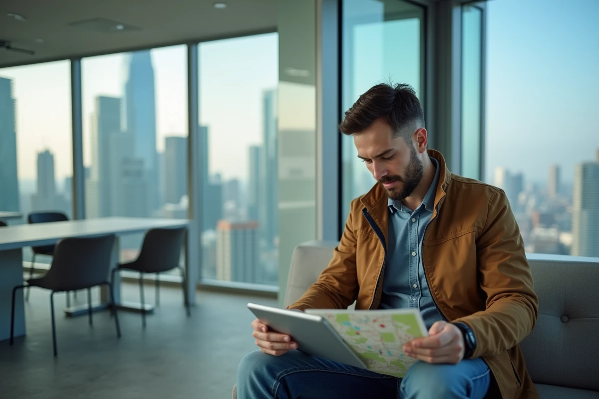 Jeune urbaniste avec carte dans espace de coworking