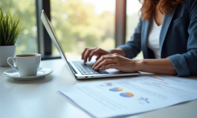 Personne utilisant un ordinateur portable dans un bureau lumineux avec documents multilingues