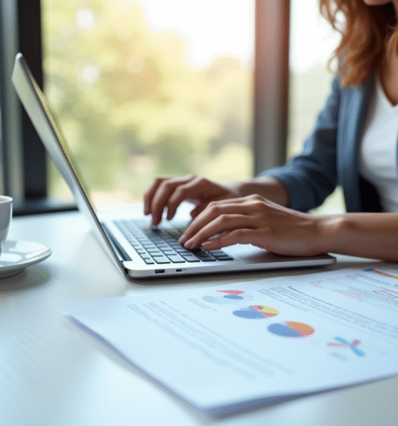 Personne utilisant un ordinateur portable dans un bureau lumineux avec documents multilingues