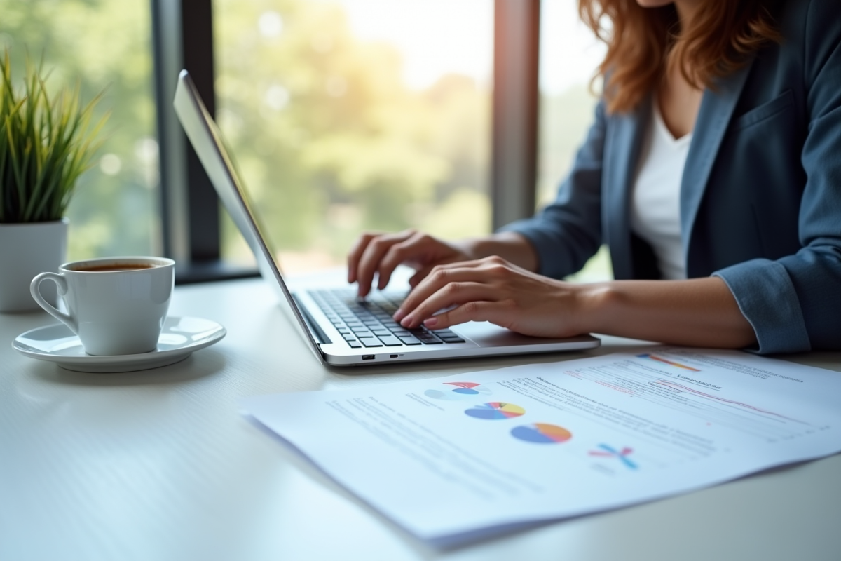 Personne utilisant un ordinateur portable dans un bureau lumineux avec documents multilingues
