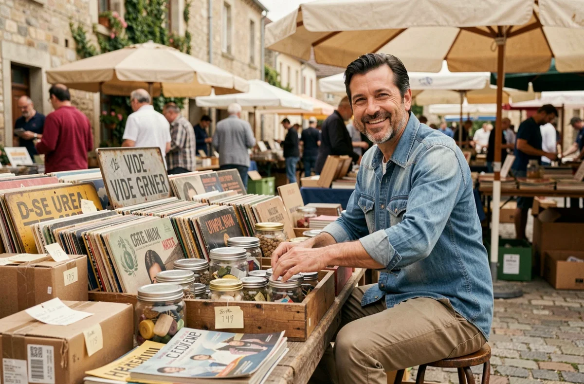 Vendeur souriant proposant des disques vinyles et objets vintage à un vide grenier du 82