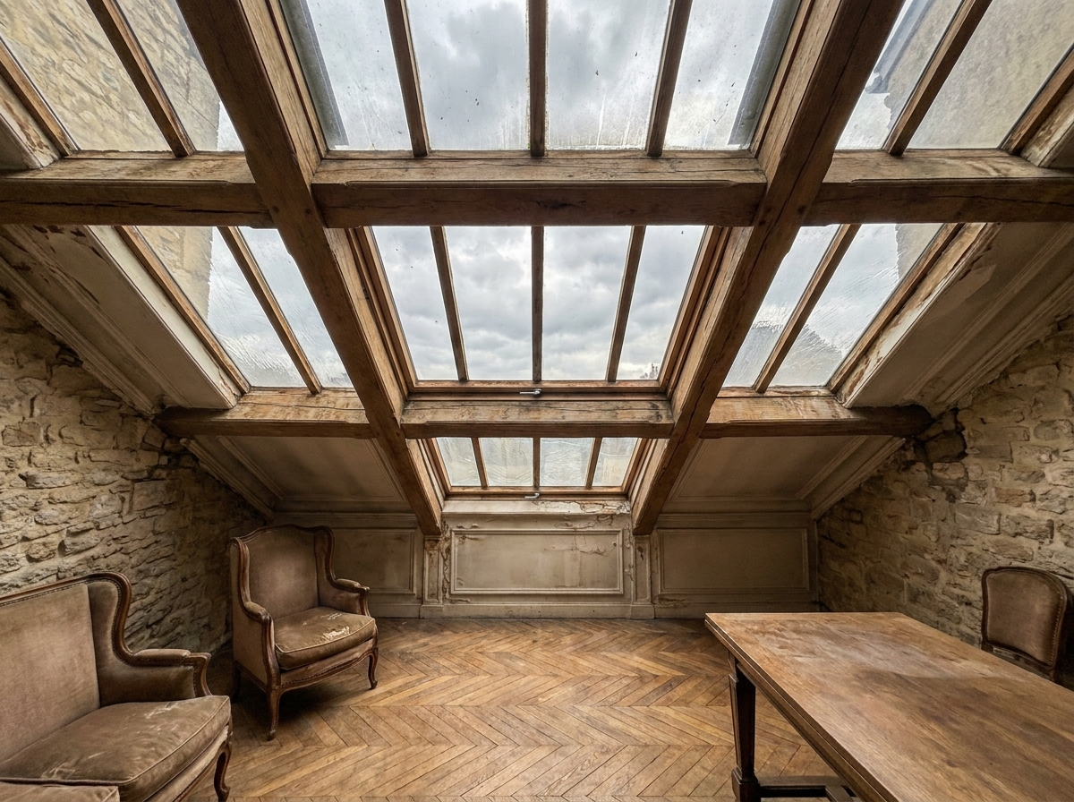 Verrière en bois ancienne dans un salon de maison de ville du XIXe siècle avec parquet en point de Hongrie et murs en pierre apparente
