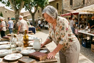 Femme examinant de la vaisselle ancienne sur un stand de vide grenier en Tarn-et-Garonne