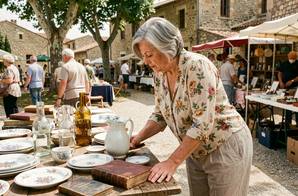 Femme examinant de la vaisselle ancienne sur un stand de vide grenier en Tarn-et-Garonne