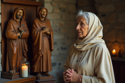 Femme âgée en priere près d'une statue de saint