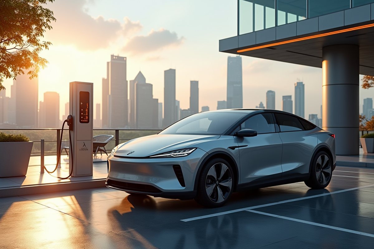 Voiture électrique moderne en charge dans une station urbaine en journée