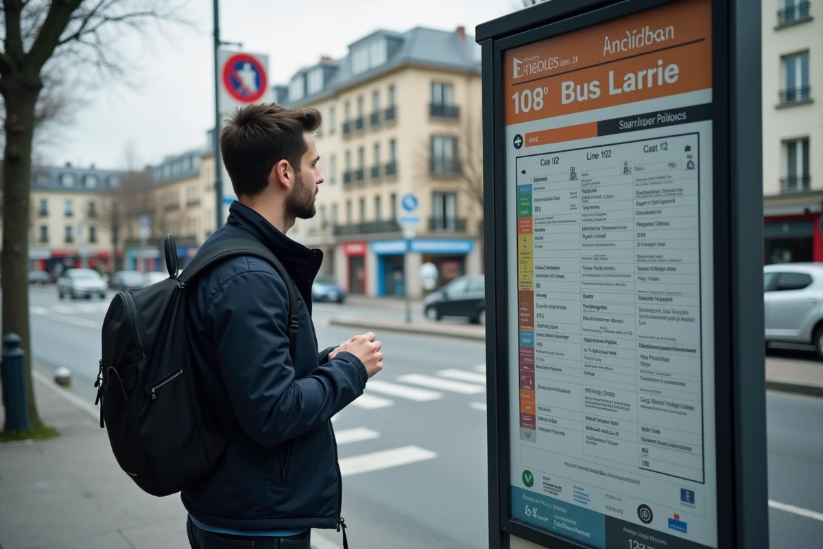 Voyageur consultant les horaires du bus RATP 192 à un arrêt en banlieue parisienne