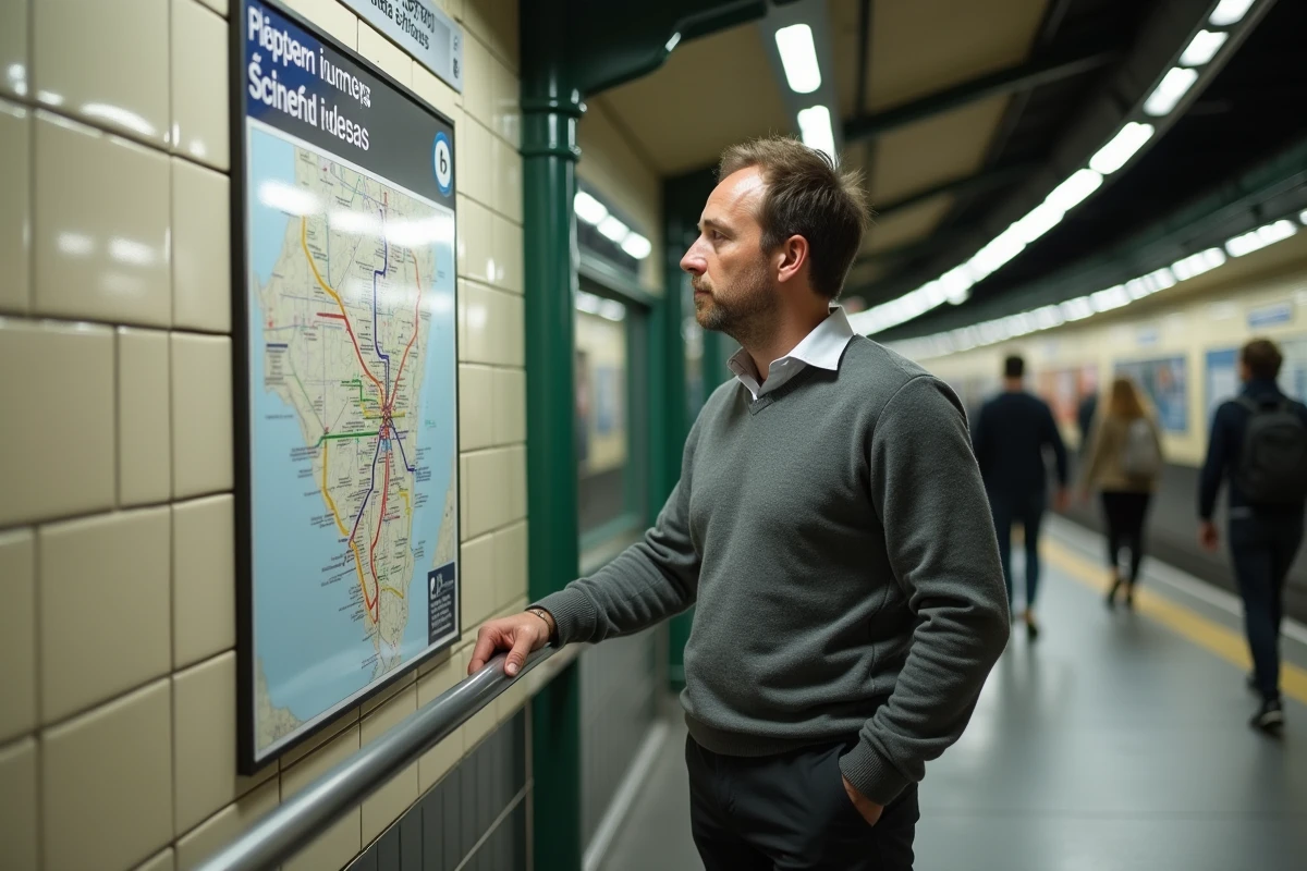 Voyageur consultant le plan du métro parisien à un carrefour de correspondance entre la ligne 6 et la ligne 1