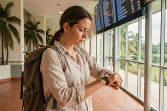 Voyageuse pressée consultant sa montre dans un aéroport tropical en Martinique