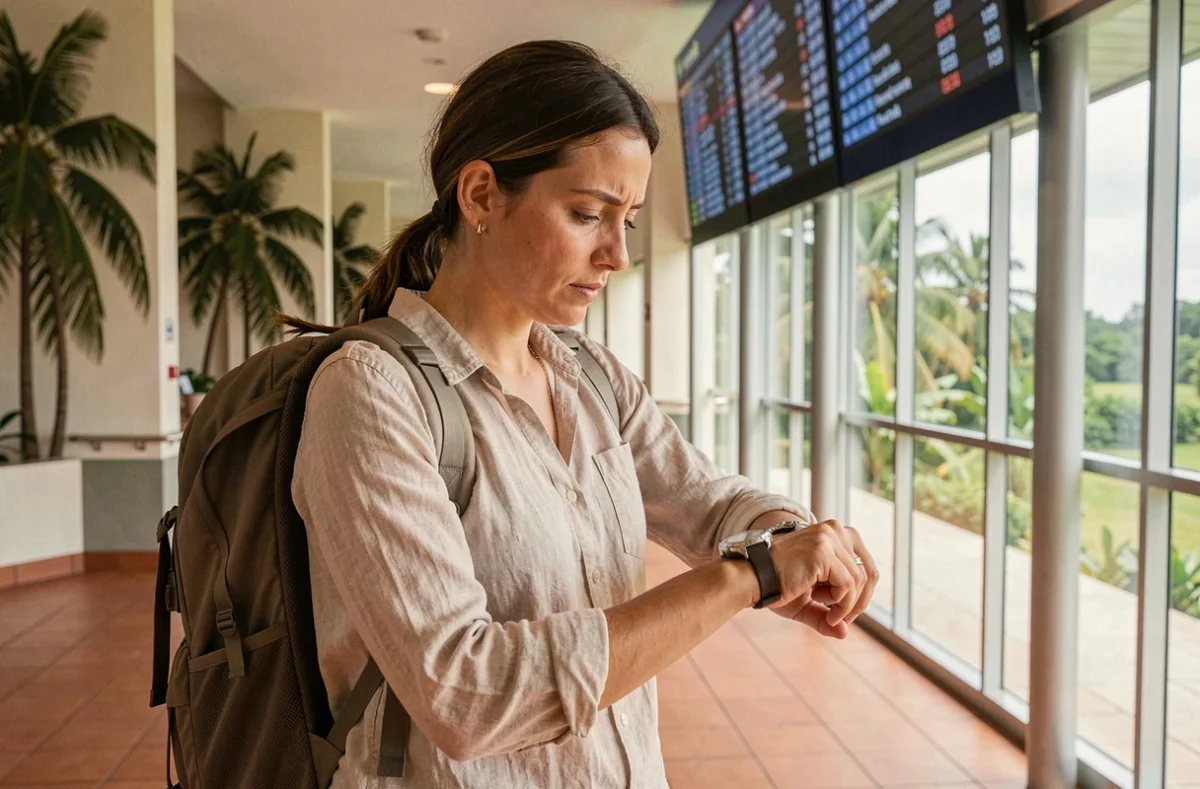 Voyageuse pressée consultant sa montre dans un aéroport tropical en Martinique