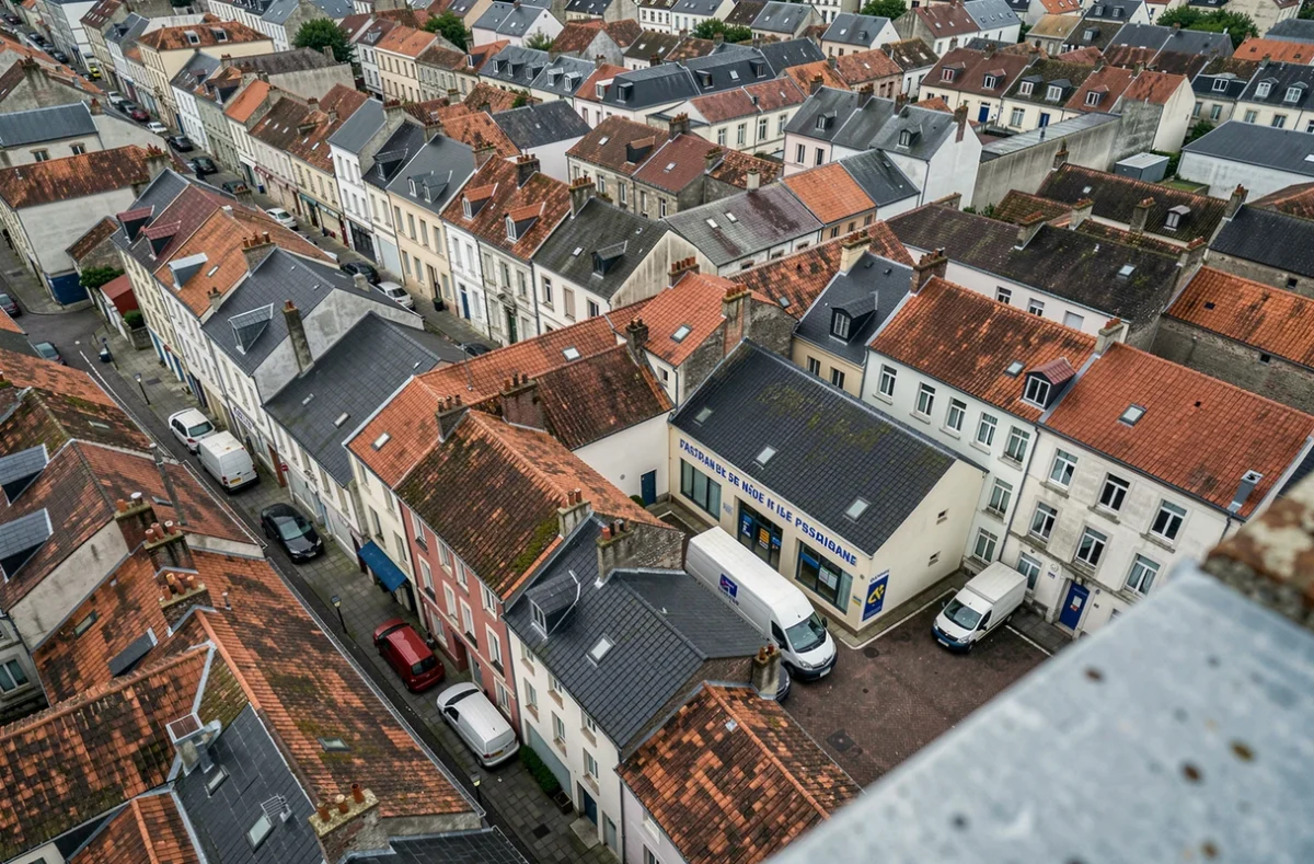 Vue aérienne du réseau de rues et de toitures dans un secteur postal de Dunkerque, Nord-Pas-de-Calais